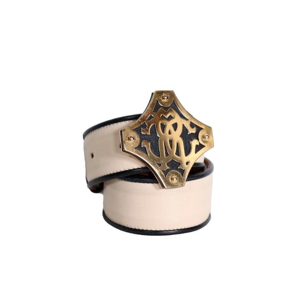 Roberto Cavalli Women's Size 38 XS US2 Ivory Black Gold Belt Logo Buckle Belt